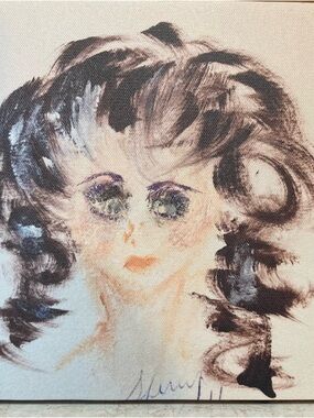 Abstract Portrait Painting - Black Hair, Purple & Green Accents.  Finished Print